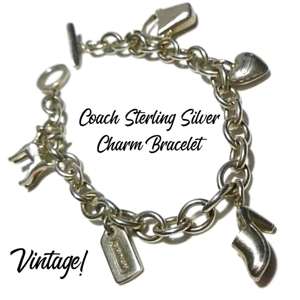 Coach Vintage Sterling Silver Charm Link Toggle Bracelet Dog Pail Heart Shoe - Picture 2 of 6